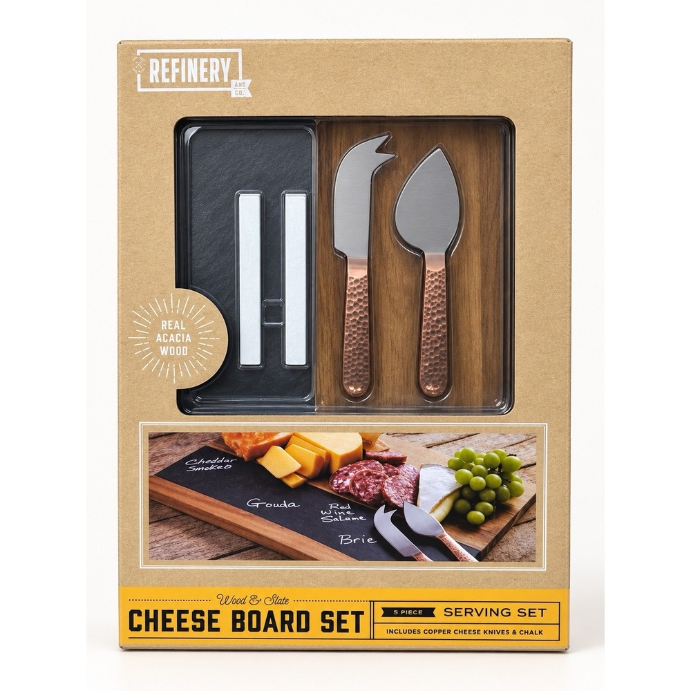Refinery & Co Acacia Wood Slate Cheese Board Set Copper Knives 5 Piece NWT